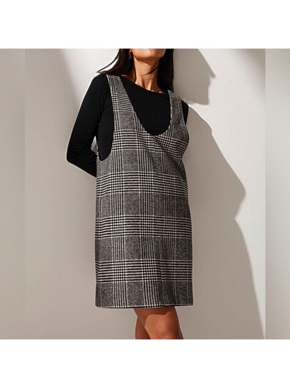 ICONE Plaid Houndstooth Pinafore Mini Dress Wool Blend Lined Academia Chic
